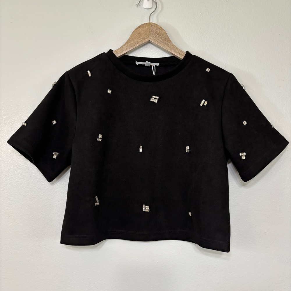 Cloud Ten Black Suede Scattered Embellished Short Sleeve Crop Top Size M